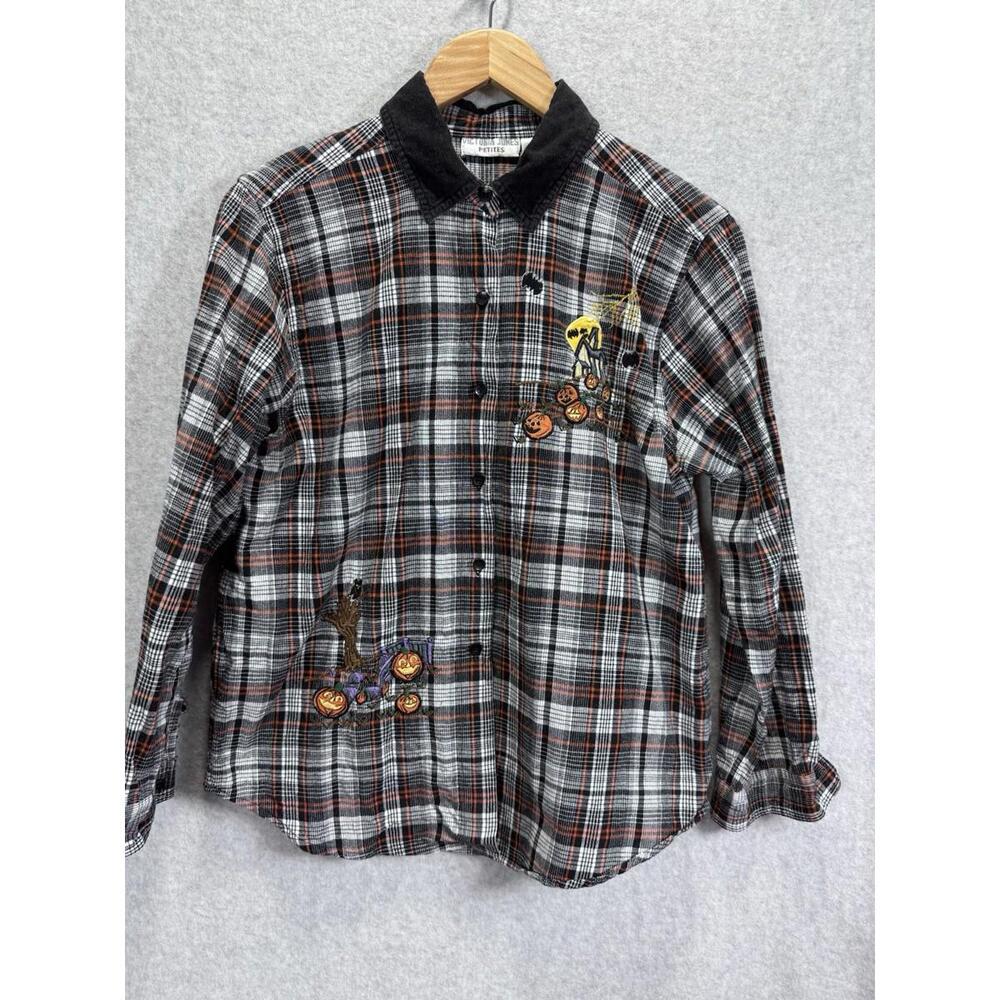 Vintage Victoria Jones Petite Large Halloween Plaid Button Top Holiday Artsy Fun